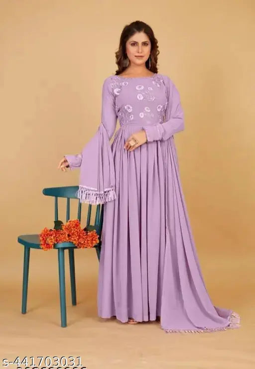 Lavender Georgette suit with lace dupatta, perfect for any occasion. Fox Georgette material for best quality and flowiness." (123 characters)