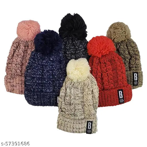 Navy woolen beanie with fur lining and pompom, textured design for women and girls, winter snow proof