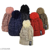 Navy woolen beanie with fur lining and pompom, textured design for women and girls, winter snow proof