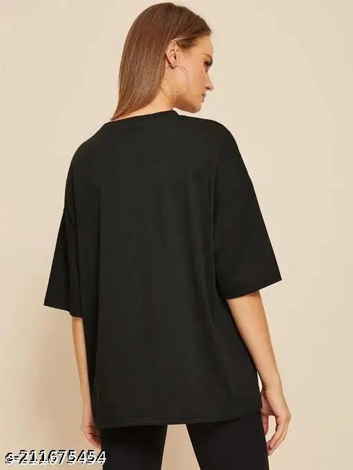 Calm Down oversized plain black cotton blend t-shirt for women, three-quarter sleeves, loose fit, trendy and comfortable