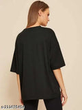 Calm Down oversized plain black cotton blend t-shirt for women, three-quarter sleeves, loose fit, trendy and comfortable