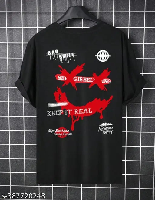 Black cotton blend round neck T-shirt, printed typography by STYLOGUE men's fashion, suitable for casual and sports wear