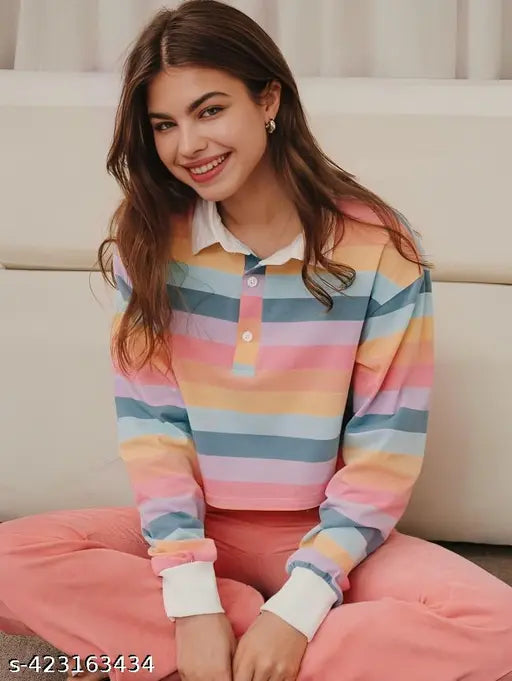 Pastel colorblocked Lycra polo shirt with long sleeves, eye-catching rainbow stripes