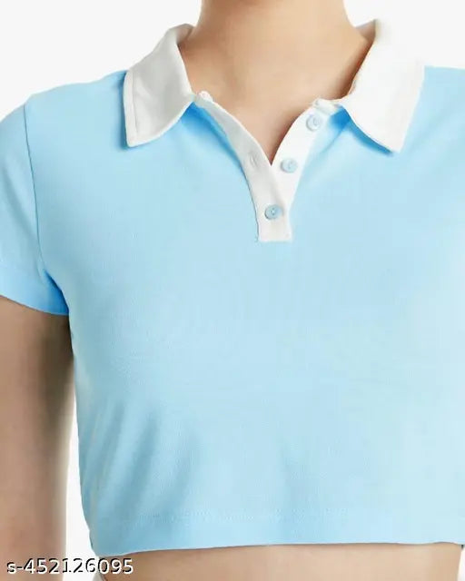 Cotton casual collared crop top, solid color, free size (36in bust, 26in length) - popular modern classic style from India