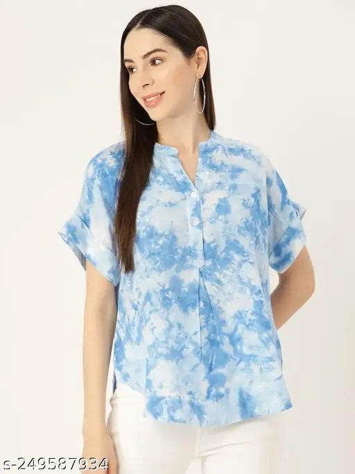 Light Blue Rayon Slub Top - Printed, short sleeves, viscose rayon fabric, versatile style for everyday wear