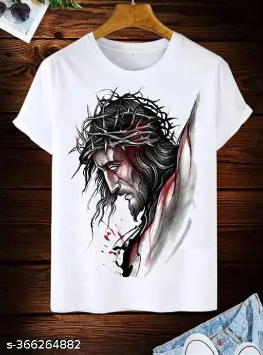 White polyester t-shirt with printed image of Jesus, short sleeves, size S-XXL