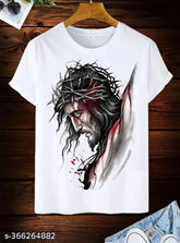 White polyester t-shirt with Jesus print, short sleeves, available in sizes S-XXL
