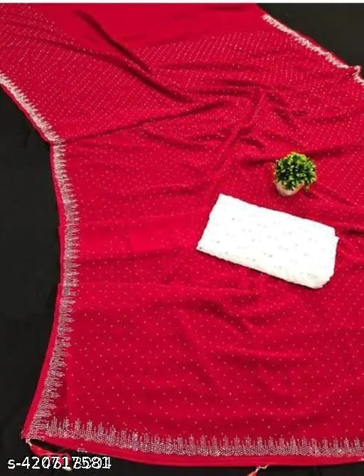 White Georgette diamond hot fix heavy sequence blouse with embellished pattern and free size, India-made Bollywood Siroski work Sequence Saree