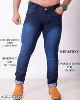 Men's solid polycotton jeans, 30" waist, 40" length, available in sizes 28, 30, and 32. Indian-made menswear