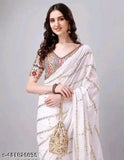 White Georgette saree with embellished woven design blouse and satin silk running blouse, single size from India