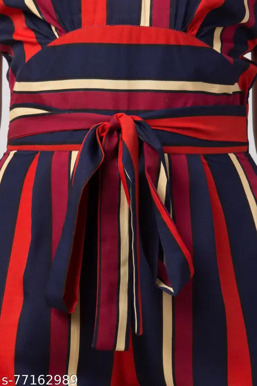Multicolor stripe crepe V-neck jumpsuit for women, ideal for parties and events