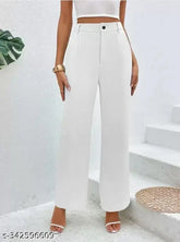 Trendy white cotton-lycra blend women's trouser, high-rise palazzos with pleat-front, suitable for office wear and various occasions