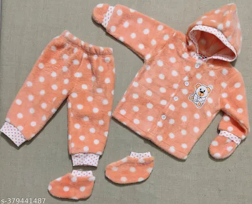 Orange wool full sleeves cartoon print winter bodysuit & sweater set for babies - Cute polka dot pattern with attached mittens