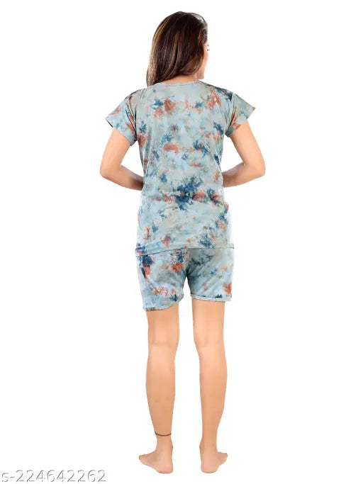 Trendy cotton nightdress t-shirt & shorts set in washed net, perfect for romantic nights, honeymoon, or anniversary gifts (India)