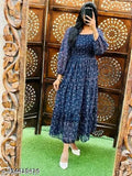 Navy Georgette printed flare frill dress, sleeveless, high-quality Indian product for women's fashion