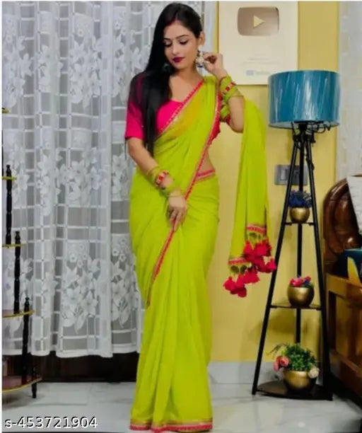 Georgette saree with heavy coding sequin lace border and zari, Indian handcrafted, solid pattern, free size (5.5m x 0.8m)