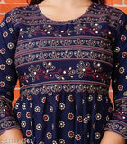 Blue rayon anarkali kurti with three-quarter sleeves, printed combo design. Women's size S to XXXL. Indian craftsmanship