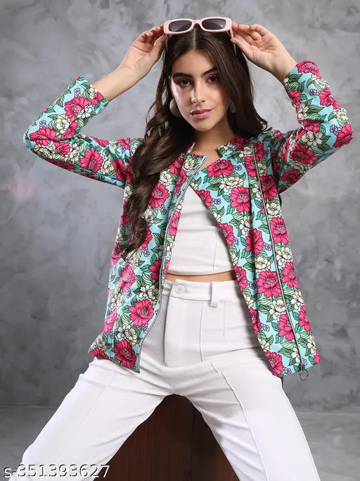 Fleece printed winter jacket for women, trendy fleece jacket with long sleeves, ladies fashion jacket on mannequin in India