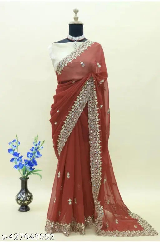 Golden Georgette Cutwork Mirror Saree with Dupion Silk Blouse, Indian fancy mirror work embellishment