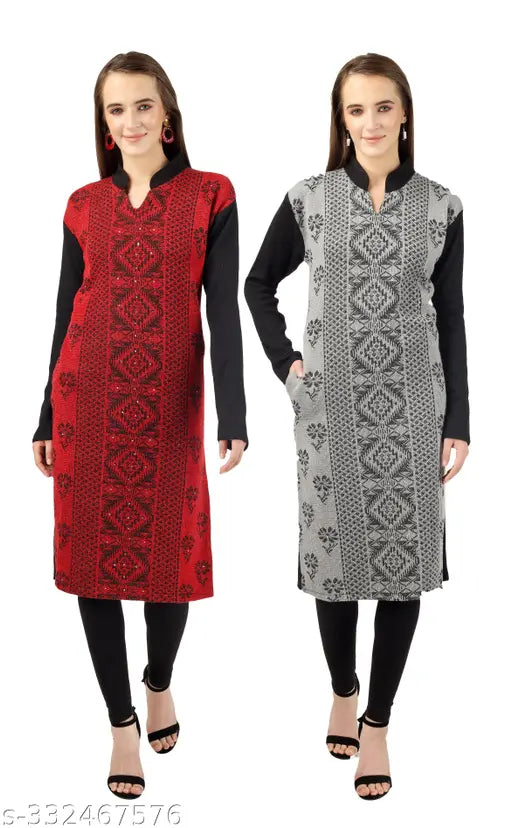 Mandarin Grey A-line Wool Kurti with ethnic motif print, long sleeves for women - BLUSHH Collection