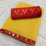 Red mirror border chiffon saree, free size, Indian-made, solid red pattern with zari woven net