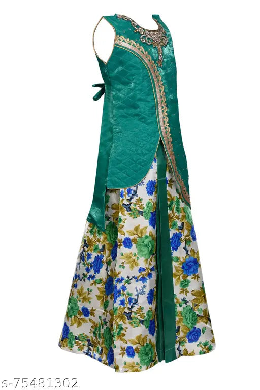 Silk blend girls party wear ethnic Lehenga Choli Set with net Dupatta, sleeveless, floral embroidery, Indian origin