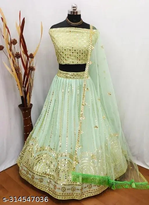 Embroidered Georgette Lhenga Choli and Net Dupatta set for women, semi-stitched Indian traditional wear with intricate embroidery