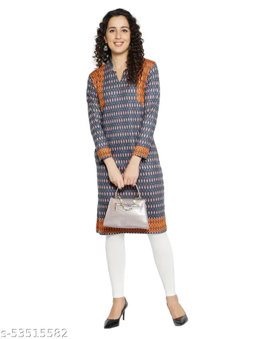 Women's blue woolen printed A-Line V neck kurti dress, traditional winter wear in three-quarter sleeves