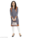 Women's blue woolen printed A-Line V neck kurti dress, traditional winter wear in three-quarter sleeves