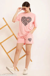 Peach pure cotton printed nightsuit set (top & shorts), high-quality 180 GSM soft cotton for unparalleled comfort and style