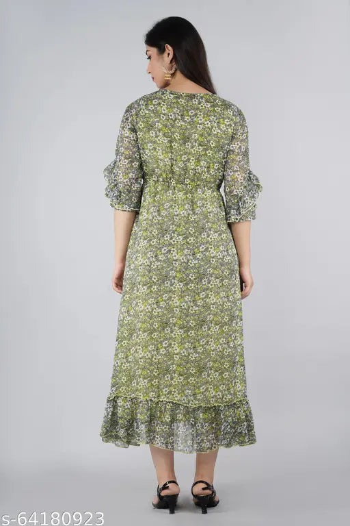 Rayon chiffon printed flared long kurta, trendy partywear for women, India-made festival and wedding wear (M: 38in bust, 48in size length)