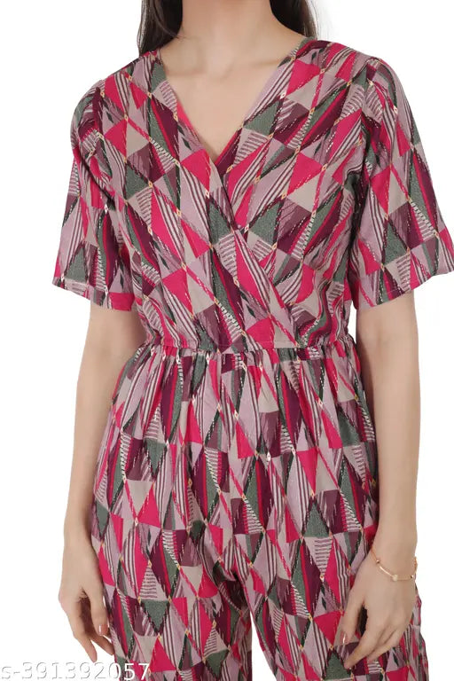 Rayon printed women's jumpsuit with geometric colorblock design, suitable for various events and casual wear