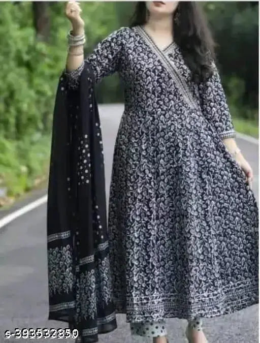 Royal black Anarkali kurta set with palazzos, rayon fabric, three-quarter sleeves, printed net design, women's clothing from India