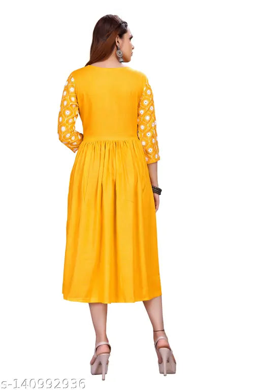 Viscose rayon embroidered flared kurti with three-quarter sleeves, ethnic wedding party wear for women