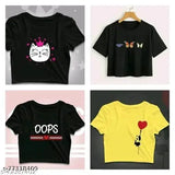 Printed high neck slim fit cotton crop top, short sleeves, vibrant color design - Women's fashion from India