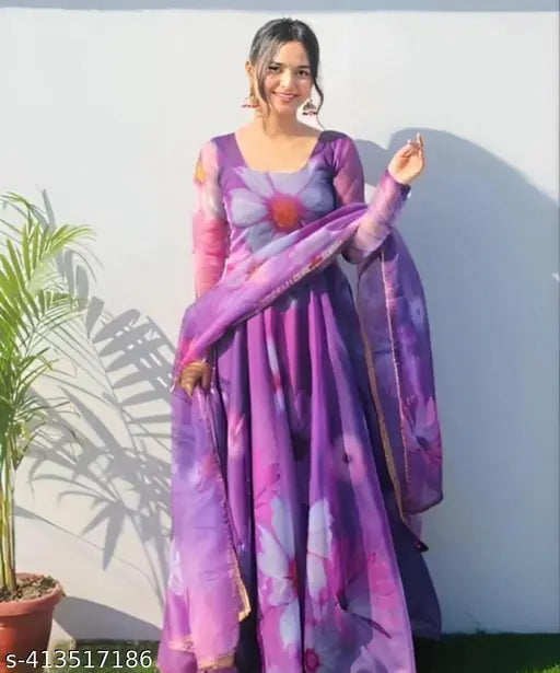 Purple Georgette long-sleeved printed flower women's gown for parties, featuring round neck and mill print design with optional dupatta. Multiple sizes available from S to XXXL. Indian-made garment