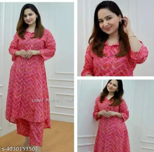 Pink rayon long-sleeved combo court set 5, XXL quality fabric and printed detailing from India