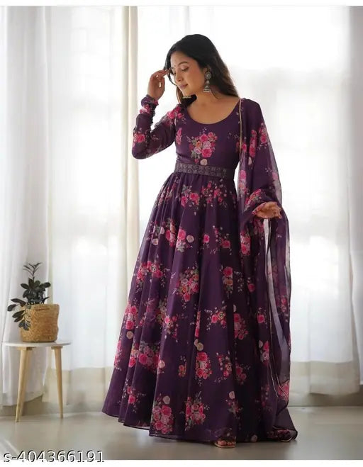 Purple Georgette designer dress with dupatta, heavy crepe inner, floral print and lace border, good for parties, weddings, casual wear. Sizes: S-XXL. Made in India
