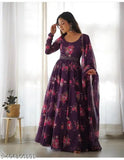 Purple Georgette designer dress with dupatta, heavy crepe inner, floral print and lace border, good for parties, weddings, casual wear. Sizes: S-XXL. Made in India