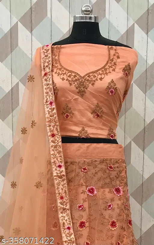 Embroidered net Lehenga set for women, featuring blouse and dupatta. Indian ethnic wear with semi-stitched pieces, ideal for parties or weddings