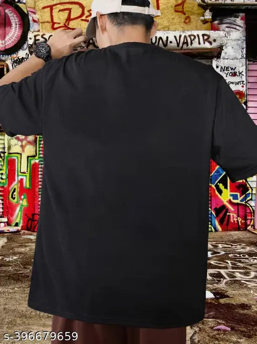 Black cotton graphic printed oversized Manlino men's t-shirt, perfect for everyday wear with a smile print on back