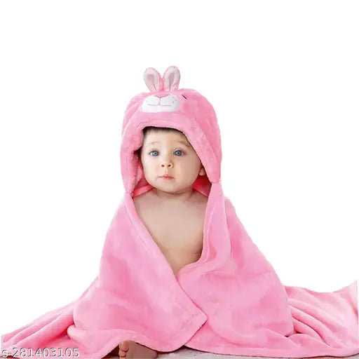 Soft fleece pink rabbit-style unisex baby hooded blanket, ideal for warm months, lightweight and cozy, perfect for crib, travel, or nap. Indian origin