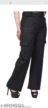 Solid cotton lycra women's straight-fit high-rise cargo trouser pant with four pockets, easy wash from India