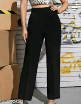 Stylish black cotton-blend women's trousers - Solid, high-waist, and mid-length. Indian-made fashion trouser for sizes 24, 26, 28, 30, 32