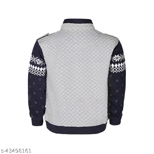 Grey & navy colorblocked cotton blend jacket with stand collar, long sleeves, and zip closure for kids aged 5-6 years