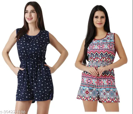 Navyblue star-Red crepe sleeveless knee length jumpsuit for women, featuring colorful floral print and tie-up belt, ideal for summer outfits