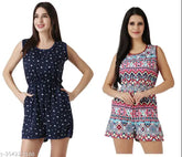 Navy blue star-red printed crepe knee length sleeveless jumpsuit for women and girls, showcasing a floral pattern and featuring side zip closures, pockets, and tie-up belt, ideal for summer fashion