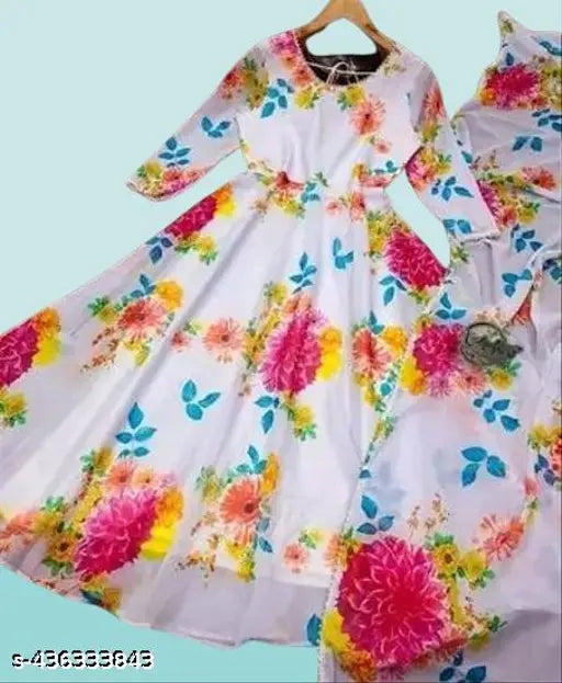 Denim motif printed net Delta Formal Dress with long sleeves on a mannequin