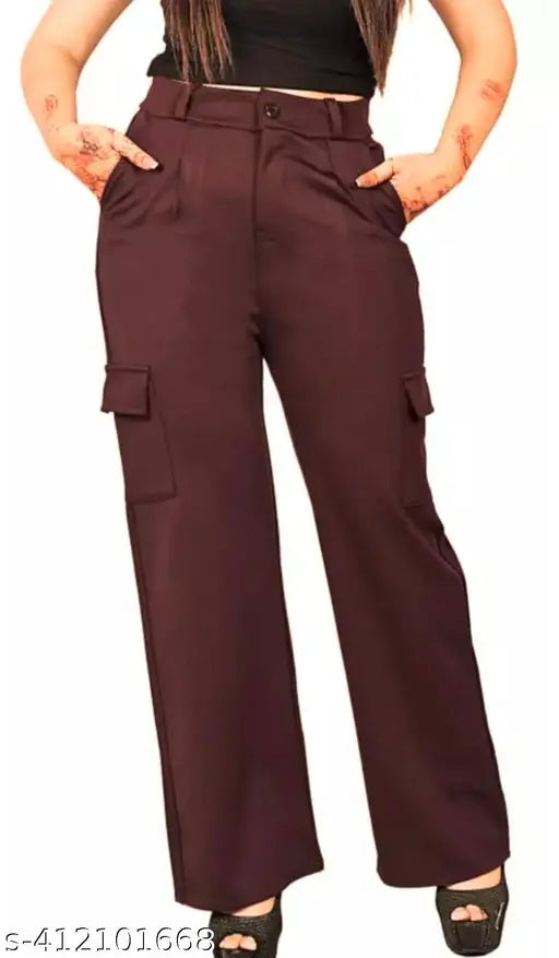 Solid cotton blend high-rise stretchable cargo jeans for women, perfect addition to a versatile and comfortable wardrobe