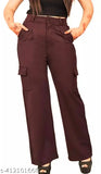 Solid cotton blend high-rise stretchable cargo jeans for women, perfect addition to a versatile and comfortable wardrobe